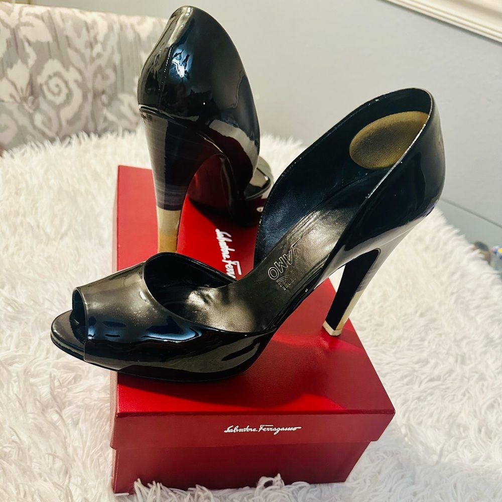 Salvatore Ferragamo Paulette Patten Leather Peep toe heels